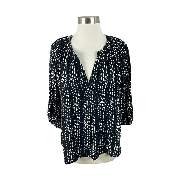 Joie XS Black White Addie B Abstract Blouse in Caviar 100% Silk V Neck - Picture 1 of 4